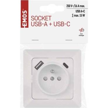 EMOS A6000.4 Zásuvka s USB A+USB C, biela