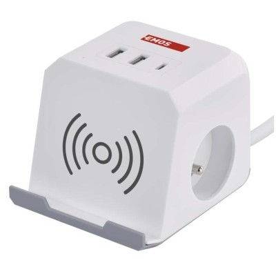 EMOS P0212CQ Predlžovací kábel - kocka 2 m / 2 zásuvky / biely / 2×USB-A + 1×USB-C+Qi / 1,5 mm2