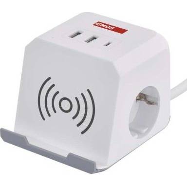 EMOS P0222CQ Predlžovací kábel - kocka 2 m / 2 zásuvky / biely / 2×USB-A+1×USB-C+Qi / 1,5 mm2