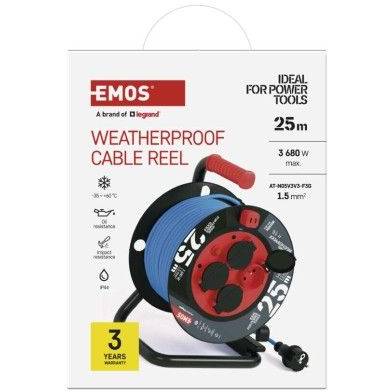 EMOS P08525W Weatherproof drum extension cable 25 m / 4 sockets / blue / silicone / 230 V / 1.5 mm2