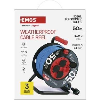 EMOS P08550W Weatherproof drum extension cable 50 m / 4 sockets / blue / silicone / 230 V / 1.5 mm2